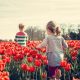 niños juegan en el campo de tulipanes